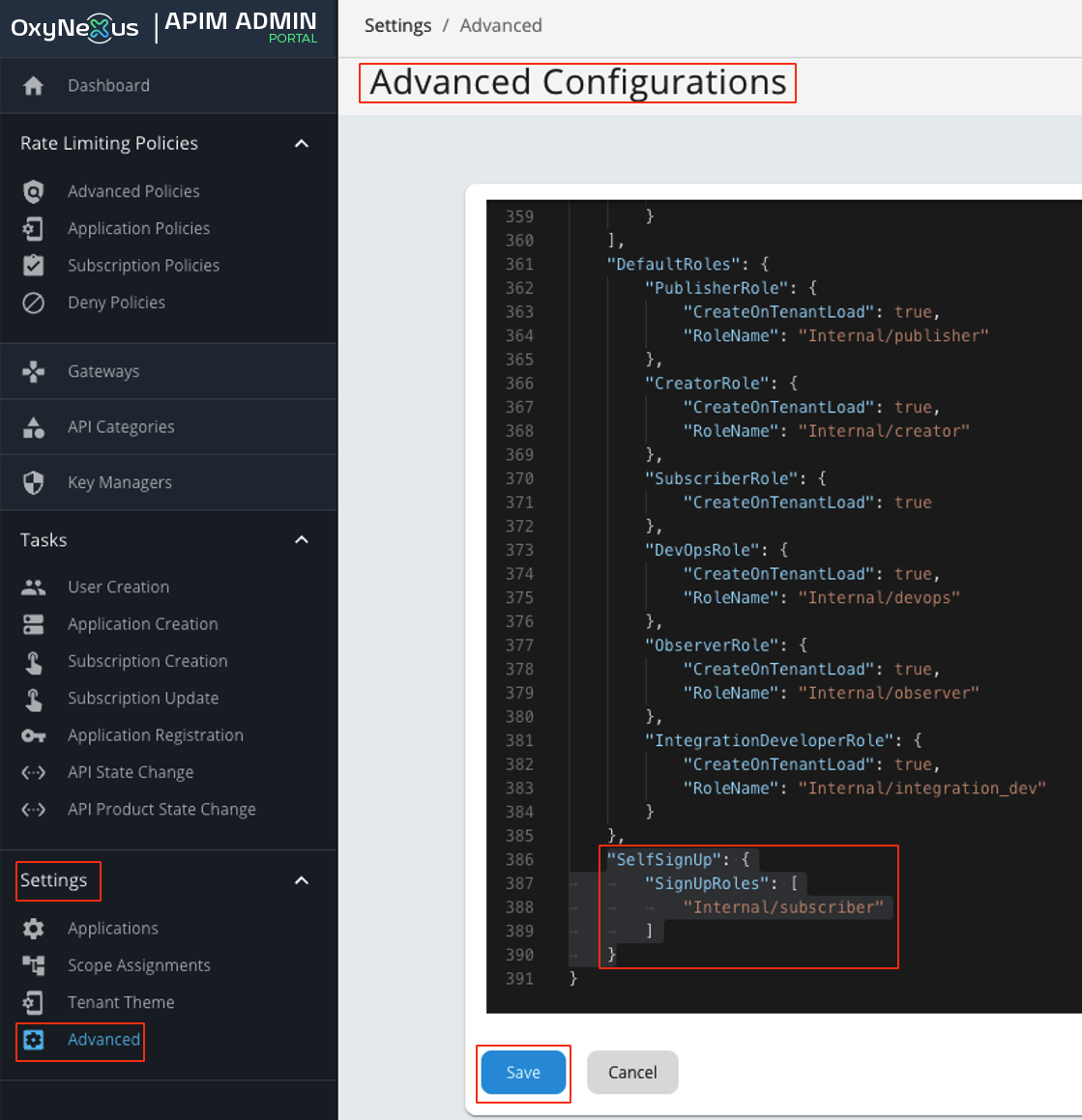 Advance Configuration Admin Portal Self Signup